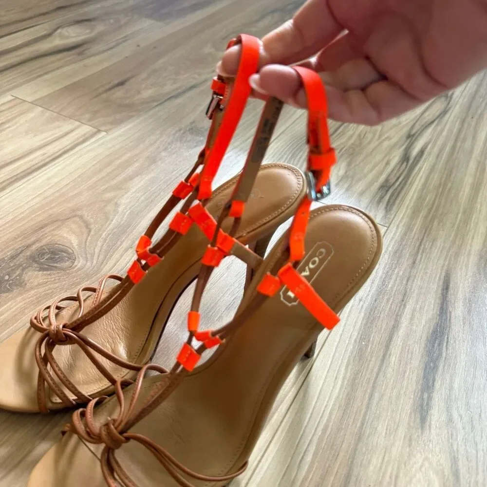 Coach Womens Fluorescent Orange Tan Lana Leather Strappy Heel Sandal Size 7.5
